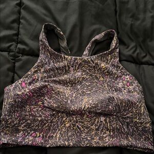 LuLu Lemon High Neck Printed Sports Bra - Black with Pink & Yellow Accents